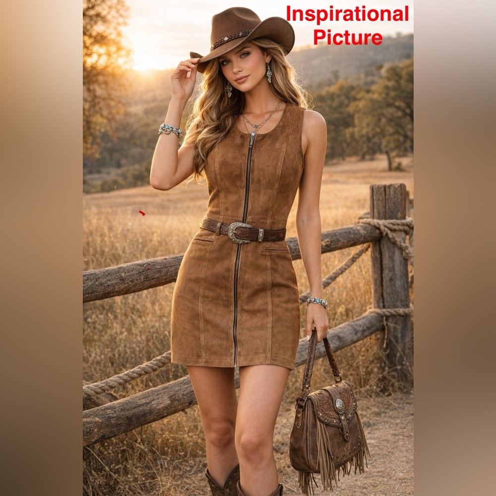 Vintage Leather Suede Dress Tan Brown Boho Western Country Cowgirl Sz 38 Zip Up